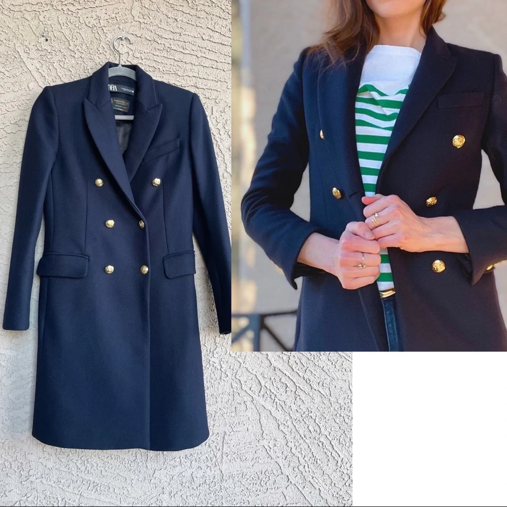 SOLD ZARA NEW MANTECO Italian Wool Navy Double Breasted Classic Preppy Wool Coat - Picture 15 of 16